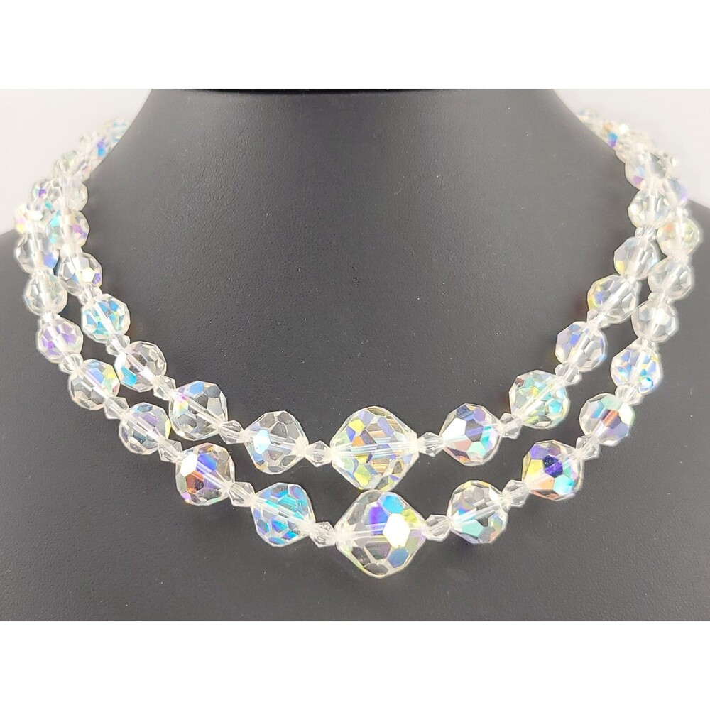 Vintage Austrian Crystal Aurora Borealis Hand Cut Bead 2Strnd Waterfall Necklace